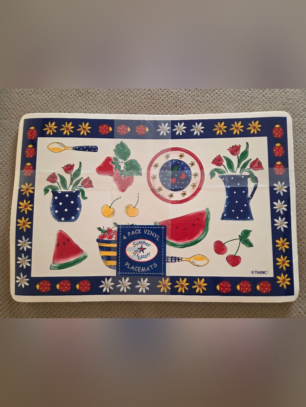 Vintage TH.INC Summer Blast Vinyl Cushion Placemats 4-Pack NIP Defects Retro 90s